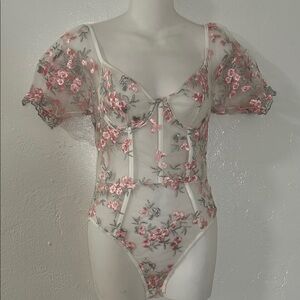 Floral Embroidered Sheer Bodysuit - Pink and Gray
